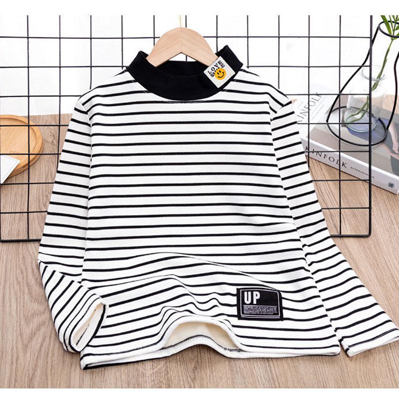 Girls Striped Bottoming Shirt Plush Thick Warm Clothing Wear A Long-sleeved Half-high Collar Top In Autumn and Winter
