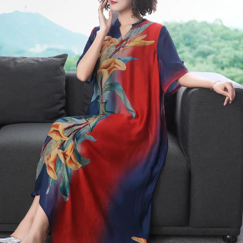 Chinese Style Cheongsam M-XXXXL Women's Summer Dress Middle-aged Short Sleeve Round Neck Printing Mid-length Daily Wear