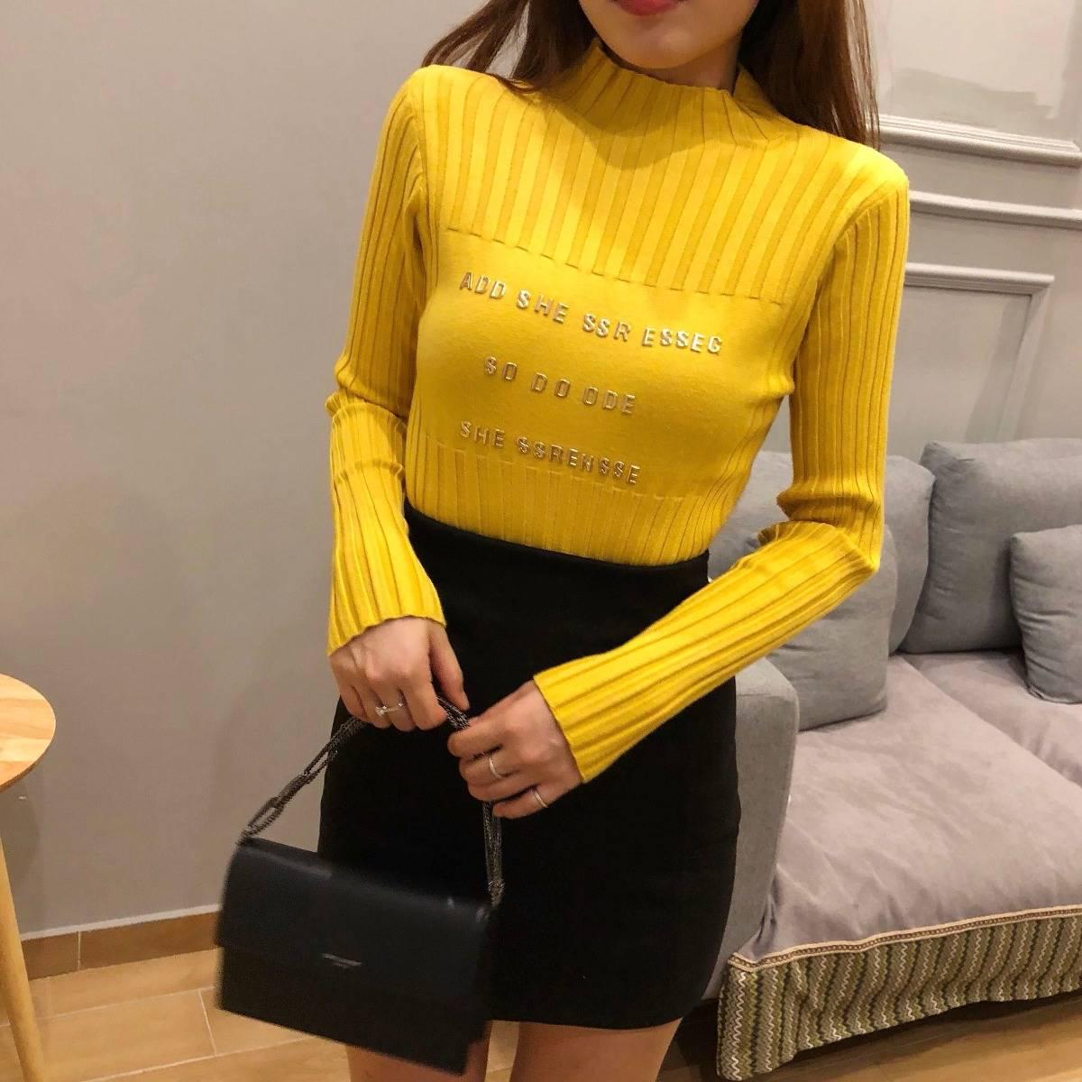 PofuLove Hedging Half Turtleneck Letter Sweater Female Korean Slim Thin Student Knitting Undershirt