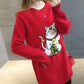 Autumn and Winter Mid-length Loose Sweater Is Thin Knitted Fashion Sweater Dress Long Sleeve Lucky Cat Pattern Female Sweater Dress