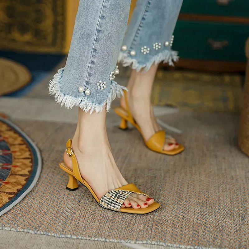 Sandals for Women Summer Mid-heel Square Toe Soft Leather All-match Stiletto Heel French High-heeled Sandal Temperament  Elegant Plaid Sandals