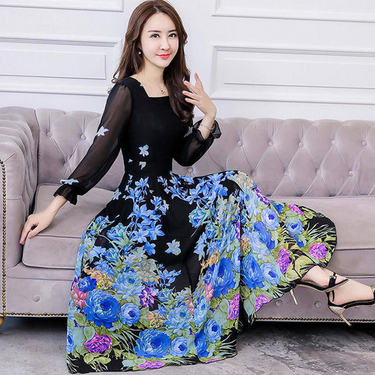 Big swing skirt long skirt spring and autumn plus size floral dress chiffon long sleeve dress