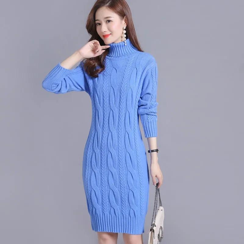 Sweater Women's Turtleneck Pullover Mid-length Knitwear Korean Pure Color Trending Sweater Dress Clothes Set Autumn and Winter
