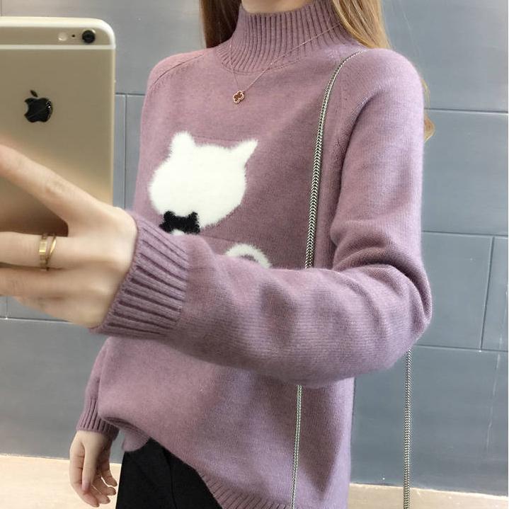 Pofulove Thickened Half Turtleneck Sweater Women's Autumn Winter Sweaters Knitted Bottoming Shirt