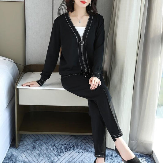 2pcs/set Knitted Suit Women Fashion V-neck Cardigan Top + Casual Knitted Pants Two-piece Female Jogging Outfits