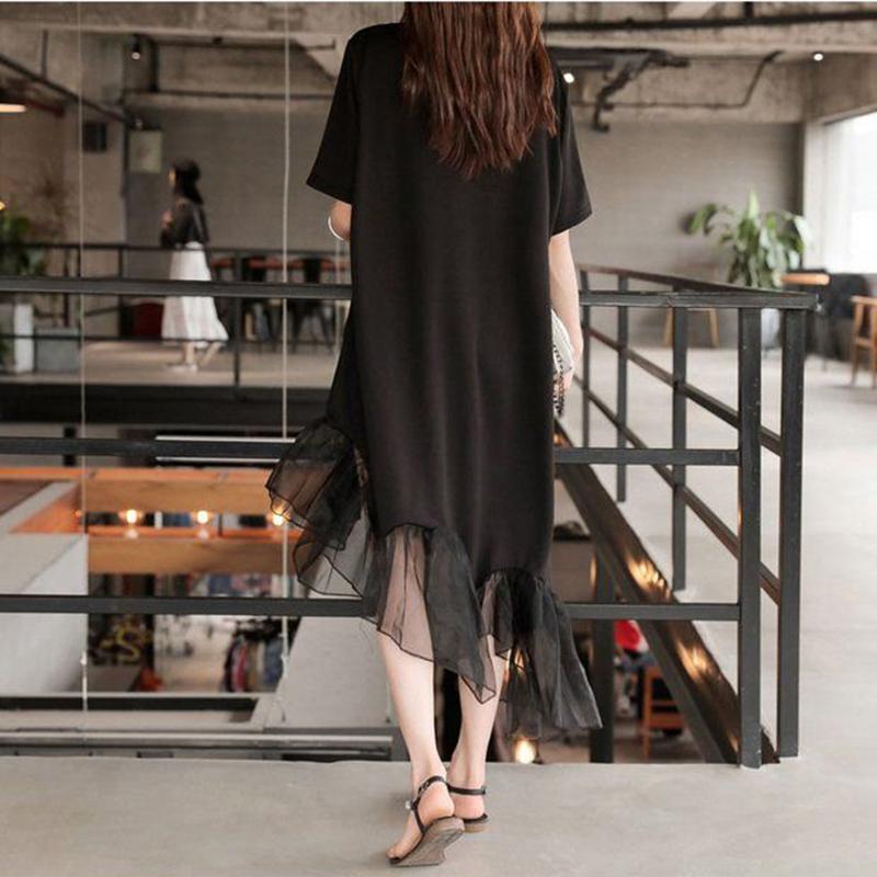 WTEMPO Plus Size Ladies Dress Summer Short Sleeve Round Neck Irregular Lace Hem Loose and Casual Middle Calf Length