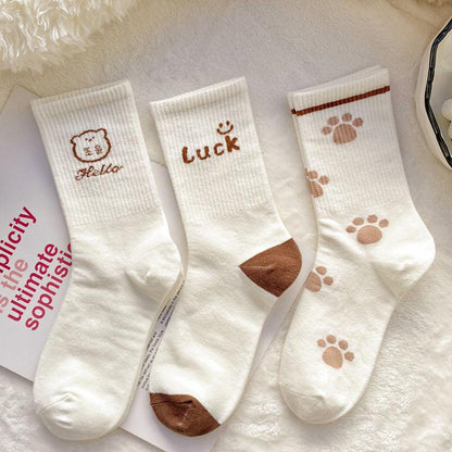 Women's Coffee Color Bear Socks Korean Version of The Middle Tube All-match College Style Sports Stockings Three Pairs