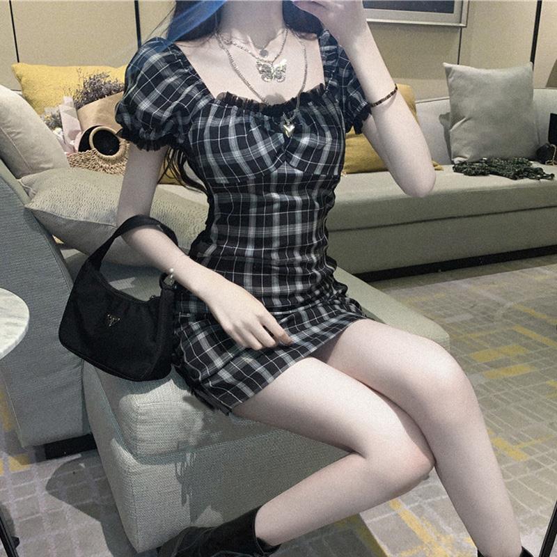 Female Simple Black Plaid Waist Slim Square Neck Hip Short Slim One Piece Striped Party Dress