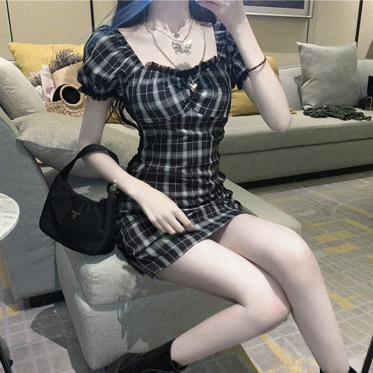 Female Simple Black Plaid Waist Slim Square Neck Hip Short Slim One Piece Striped Party Dress