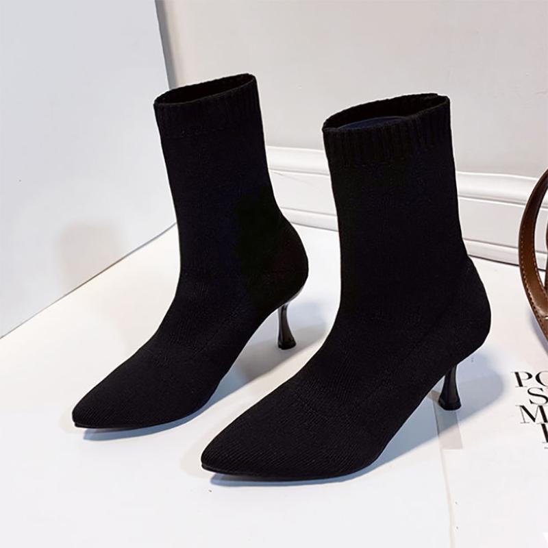 Women's High-heeled Pointed Short Boots Autumn and Winter Thick-heeled Knitted Sock Boots