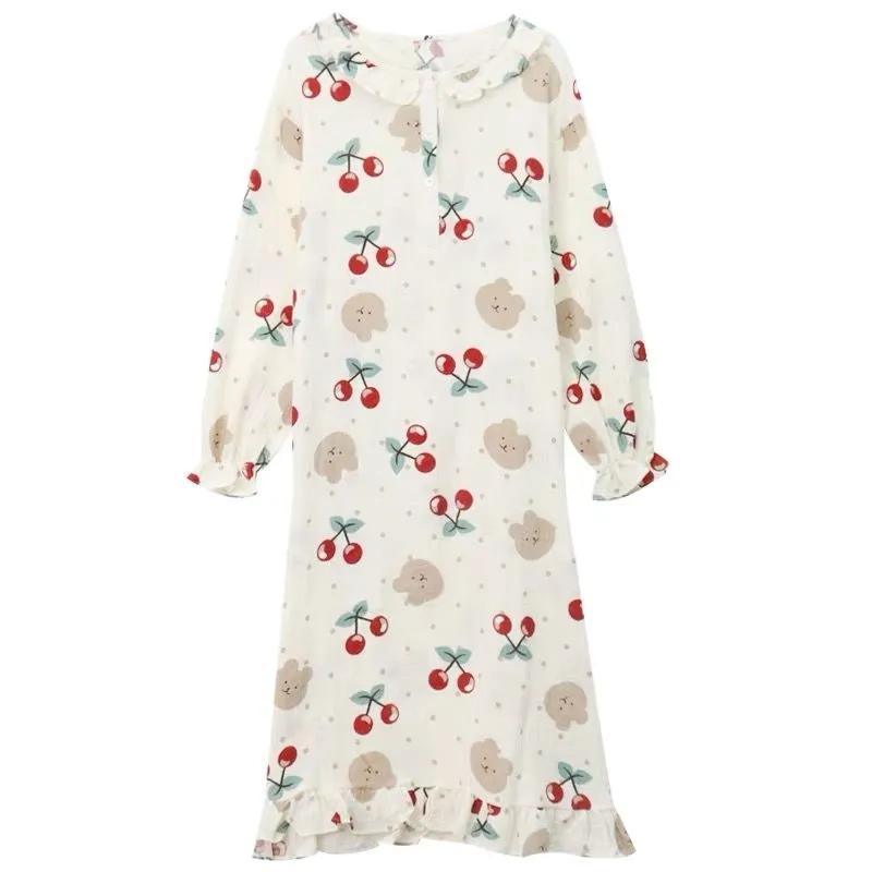 Women's Autumn Winter Pajamas Dress Long Cute Doll Collar Strawberry Printing Sweet Long Sleeve Nightdress Loose Comfortable Homewear