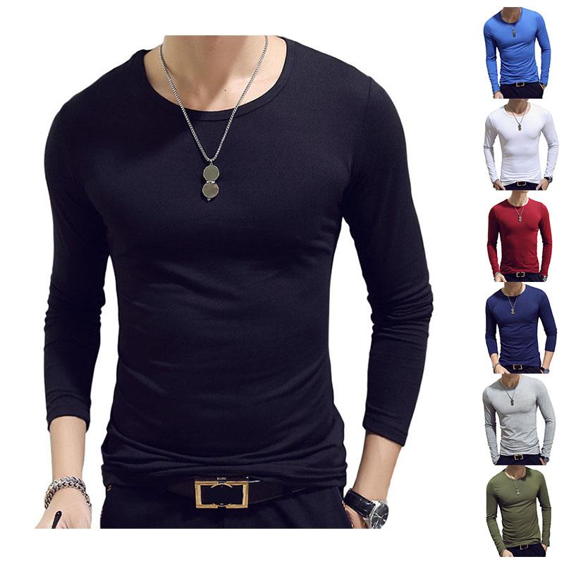 Stretch T-shirt Men Slim Tees Casual Bottoming Shirt Solid Color Pullover Long Sleeve Overshirt Male Clothing Fitness Top