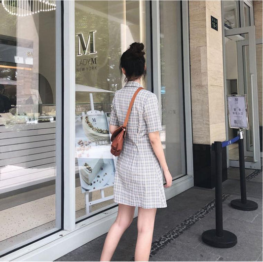 Elegant Plaid Dress Short Sleeve A-line Casual Streetwear Female Short Dress Button Summer Dress