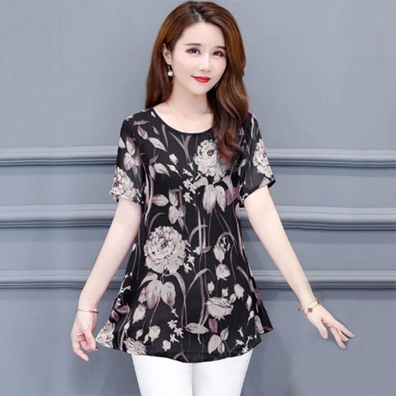 Fashion Loose Plus Size Women's Thin Section Summer Fat Mother Medium and Long Printing Short-sleeved T-shirt Women