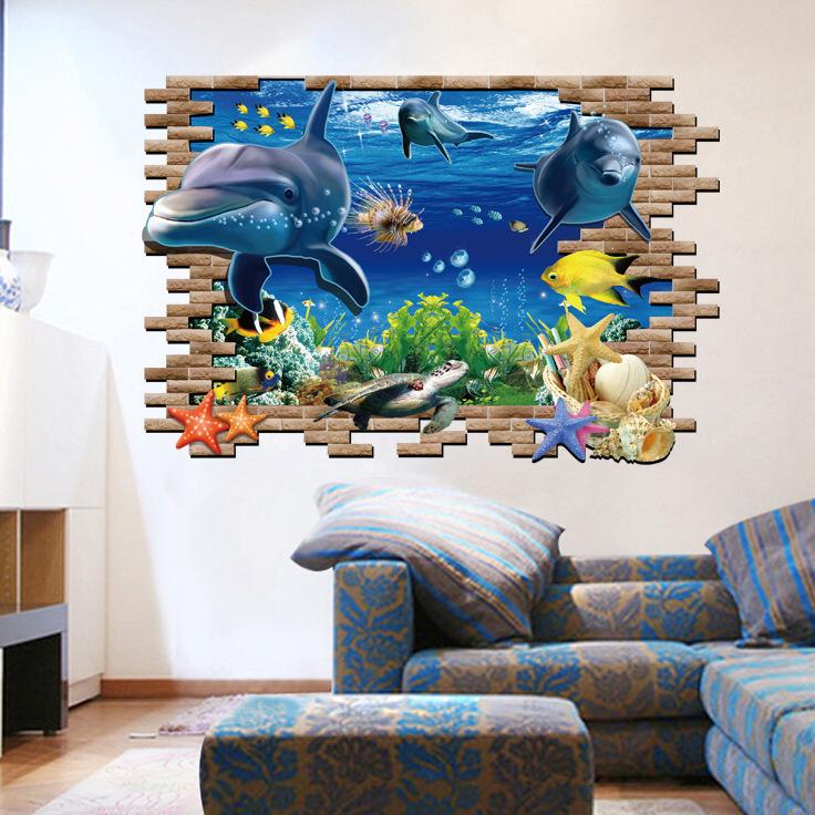 personality self-adhesive living room bedroom 3D wall stickers can move the underwater world