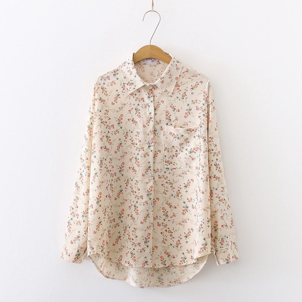 Spring Women Vintage Floral Shirt Long Sleeve Button Up Chiffon Blouse Office Lady Turn-Down Collar Autumn Casual Basic Tops