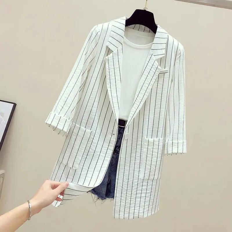 Loose British Striped Thin Suit Sun Protection Coat Jacket Women's Mid-length Thin Section Casual Suit Women's Loose Thin Jacket Temperament Blazer