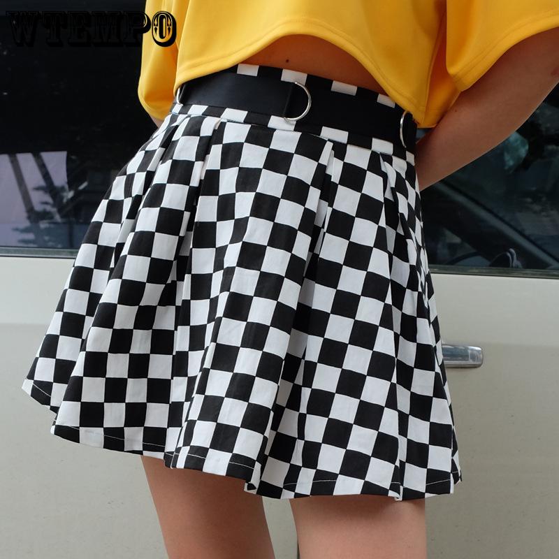 Womens Black and White Glazed Chain Checkerboard High Waist Skirt Streetwear Cotton Plaid Skirts Dancing Short Mini Skirts