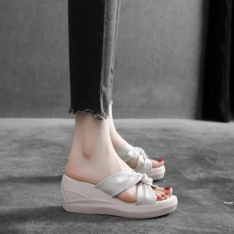 Leather Wedge Slippers Ladies Thick Sole Outer Wear Fashion Summer Flip High Heel Beach Sandals