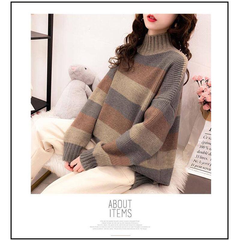 Women's Striped Turtleneck Sweater Long Sleeves Loose Mid-length Pullover Sweater Jumper
