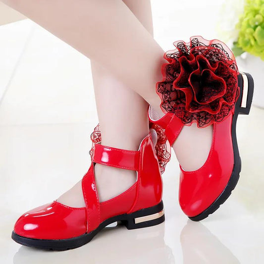 Children's Leather Shoes Girls' Spring and Summer Leather Shoes Princess Shoes Solid Color Big Flower Soft Soled Performance Shoes
