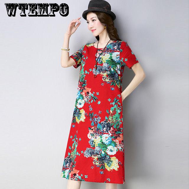 WTEMPO Over The Knee  Big Skirt with Floral Long Skirt Female Short-sleeved Dress Summer Large Size