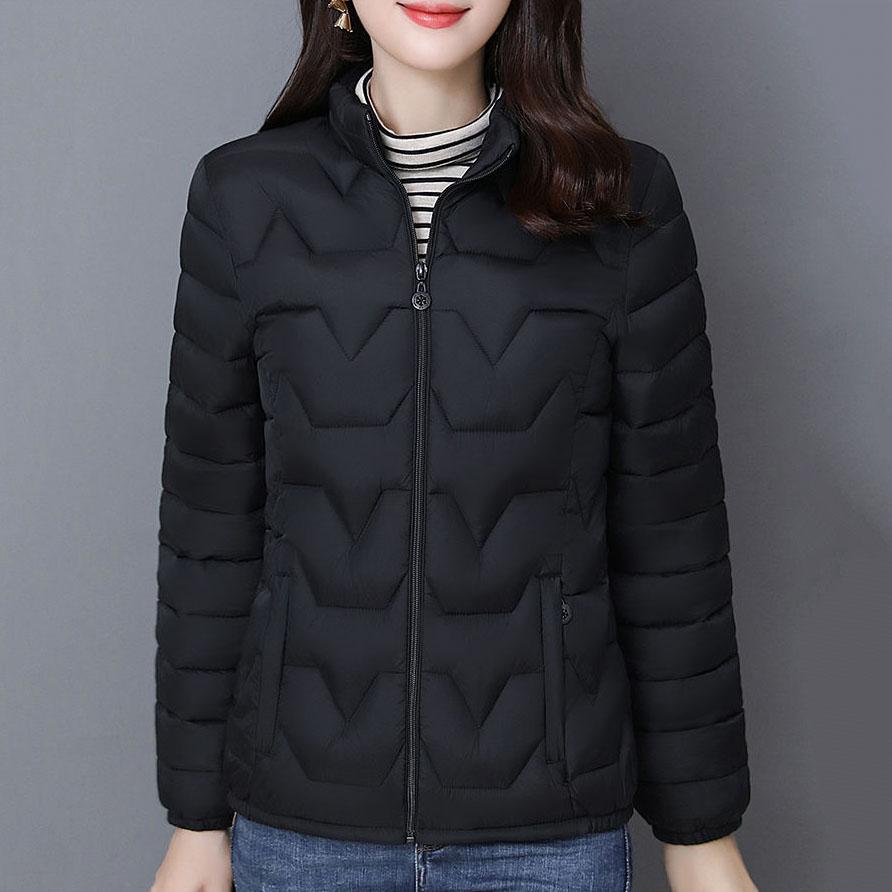 Women Winter Down-filled Coat Solid Color Slim Short Wadded Jacket Large Size Stand Collar Zipper Cotton Coats