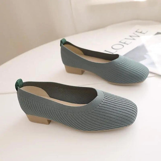 Knitted Flat Shoes Women's Spring Korean All-match Square Toe Peas Shoes Shallow Mouth Square Toe Knitted Single Shoes Slip on Breathable Granny Shoes