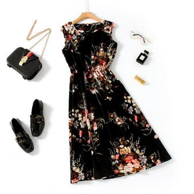 Polka Dot Chiffon Floral Holiday Dress Mid Length Fairy Skirt Casual Skirt