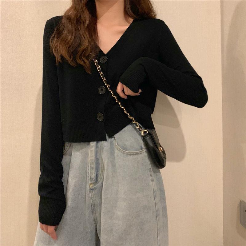 Spring and Autumn Knitted Cardigan Long Sleeve V-neck Sweater Solid Color Short Casual Coat