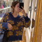 Autumn Winter V-neck Knitted Sweater Hollow Jacquard Design Long Sleeve Casual Fashion Pullover Thickening
