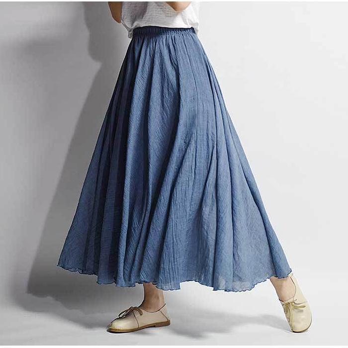 Women Large Size Cotton and Linen Skirt with Elastic Waist and Linen A-line Skirt with Long Solid Color Ethnic Style