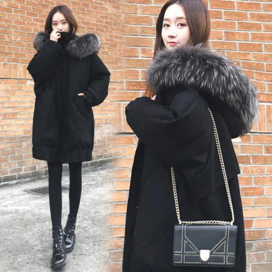 Winter Down Jacket Cotton Jacket Korean Version of Loose Mid-length Thick Coat Big Fur Collar Cotton Coat