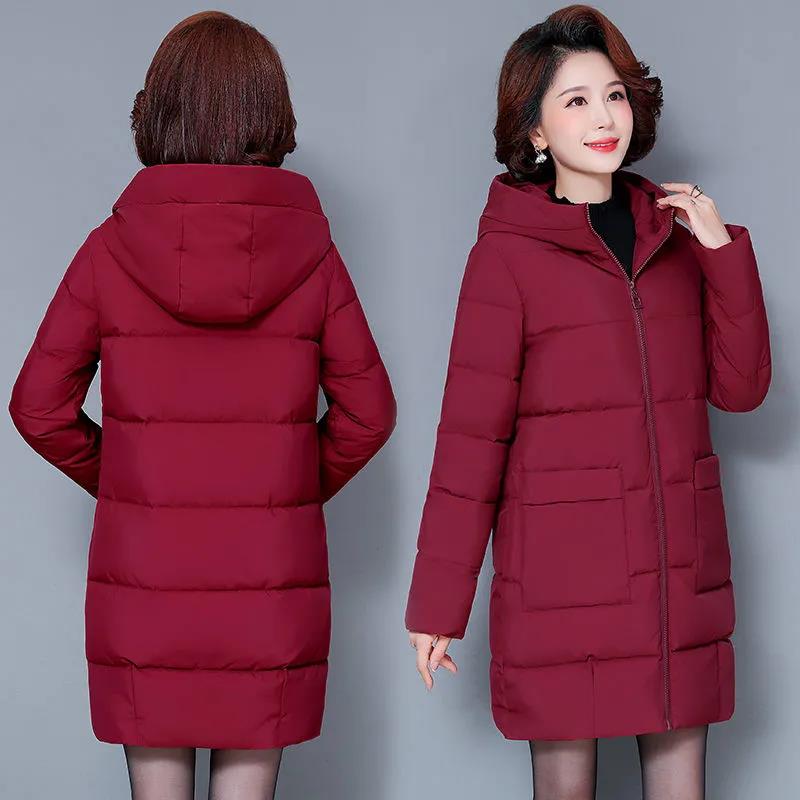 Winter Down Jacket Fashion Solid Color Hooded Parka Coat Thick and Warm Mid-length Down Cotton Jacket for Women