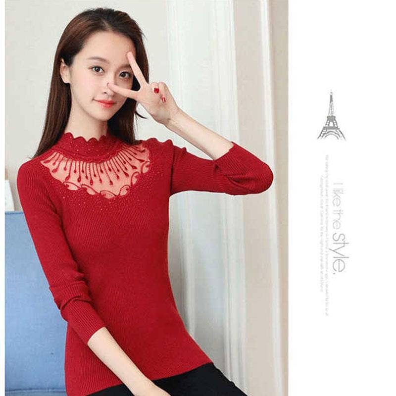 Winter Lace Hollow Turtleneck Sweater Long Sleeve Bottoming Slim Knitted Pullover Women