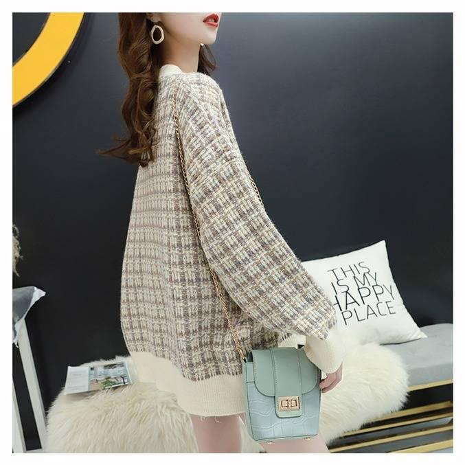 Pofulove Check V-neck Pullover Sweater Women Autumn Winter Loose Wild Long Sleeve Knitted Sweater
