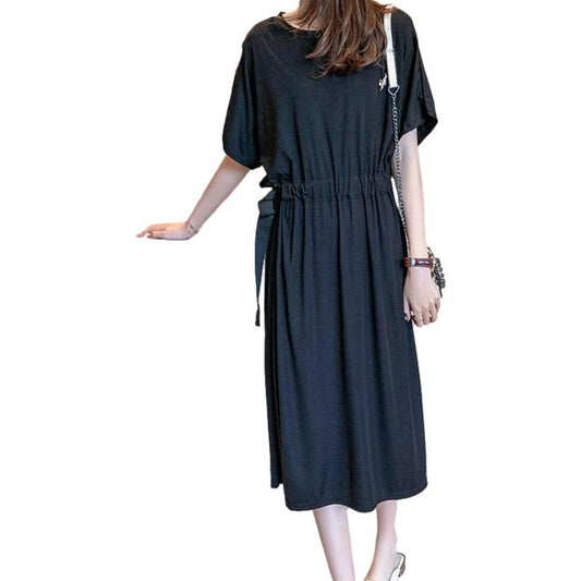 Dress Women's Spring Summer Long Loose Large Size T-shirt Skirt Bandage Waist Slimming Over-the-knee Dress
