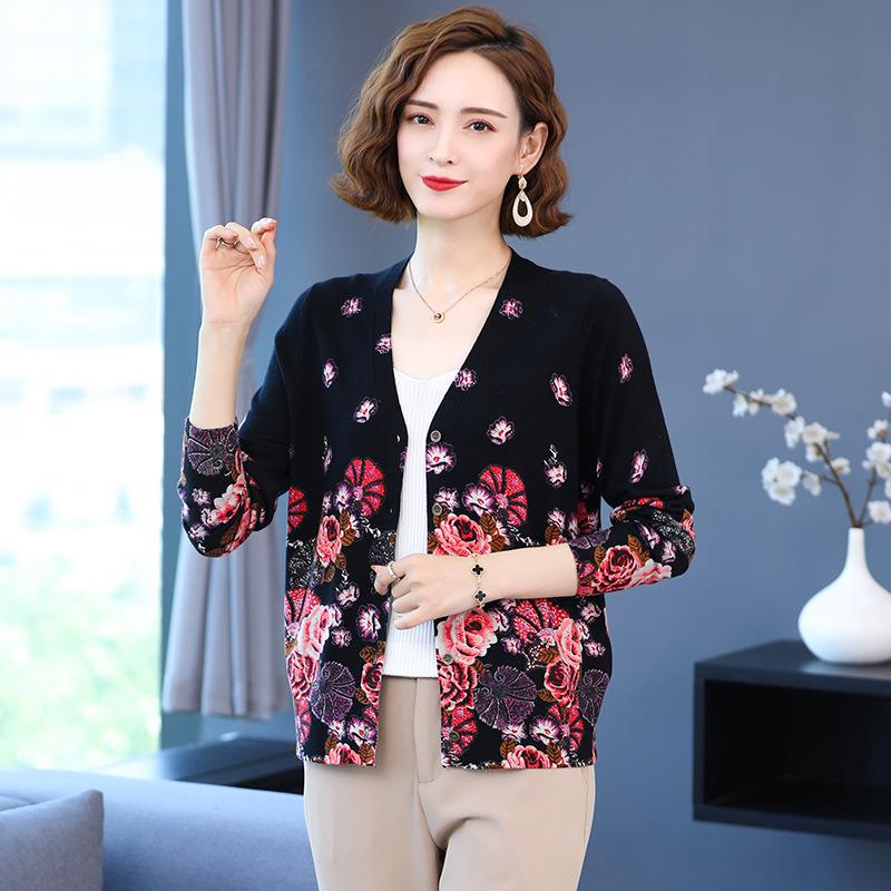 Vintage Print Knit Sweater V-neck Cardigan Sweater Ladies Loose Plus Size Wool Knit Sweater Coat Top