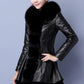 Women's Faux Fur Coat Winter Ladies Parka Large Size Thicker Warm Mid-length PU Leather Coat with faux Fox Fur Collar
