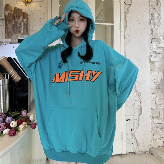 Women Spring and Autumn Vintage Large Size Solid Color Hoodies Female Loose Long Sleeve Print Streetwear Coat