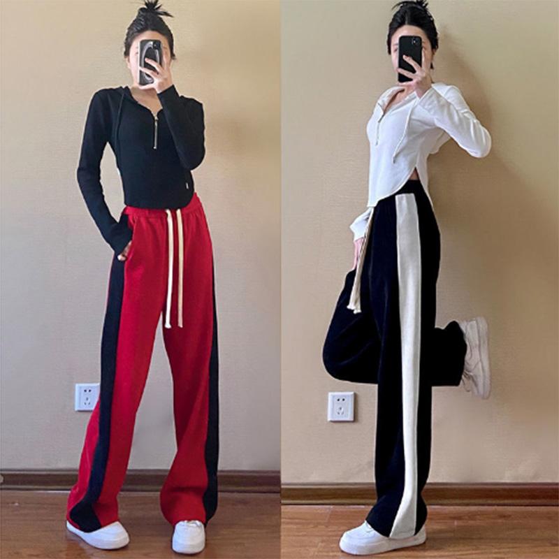 Sports pants spring and autumn striped color contrast loose and thin high waist vertical straight pants casual wide leg pants women