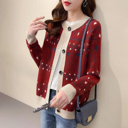 Bear Jacquard Sweater Jacket Women's Autumn and Winter Loose and Lazy Style Contrast Color Knitted Cardigan Top Trendy