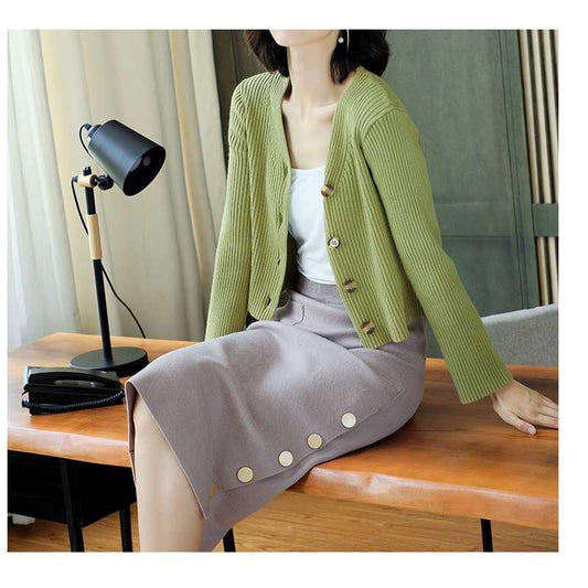 Short Knitted Jacket Spring and Autumn Korean Tops Pure Color Cardigan Youth Women's Sweater