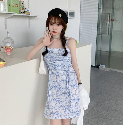 Women's Summer and South Korean Versatile Short Skirt Printed Pleated Suspender Dress
