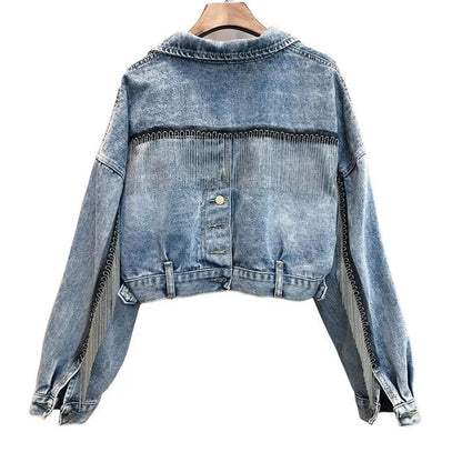 Tassel Denim Jacket Women's Spring and Autumn Split Loose Bat-sleeved Short Jacket Casual Loose Long-sleeved Regular Style