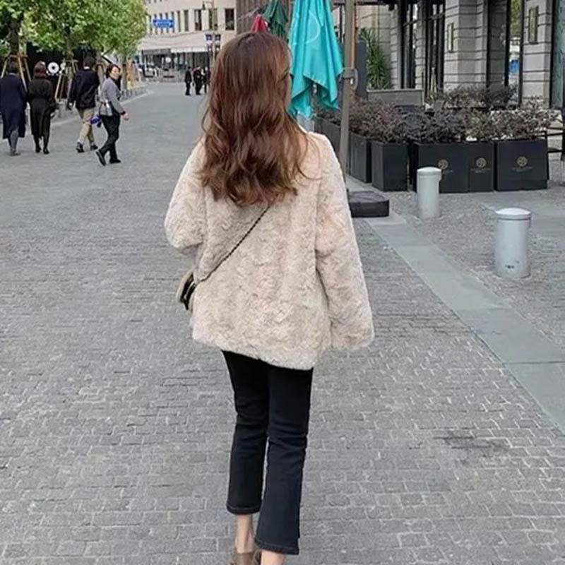 Winter Thickened Rabbit-like Plush Fur Loose Bow Short Lamb Wool Coat Women