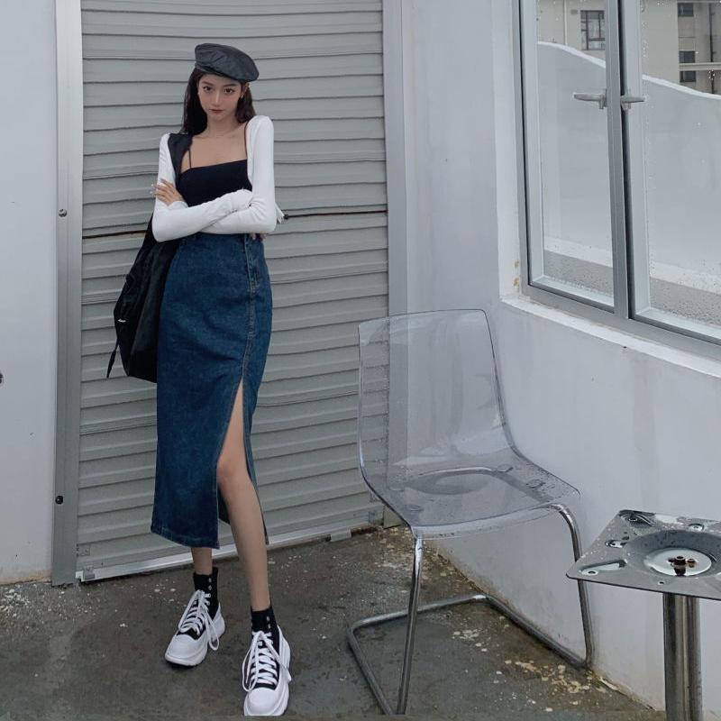 Women Sexy Sweet Solid Split Denim Skirt High Waist Over The Knee Hip Skirt Casual Club Home Office