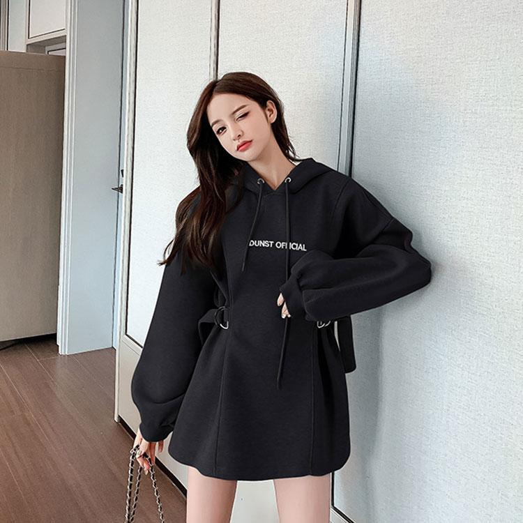 Women's Spring and Autumn Large Size Hooded Sweater Mid-Length Lace-Up Design Top Long Sleeve Pullover Sweater Dress
