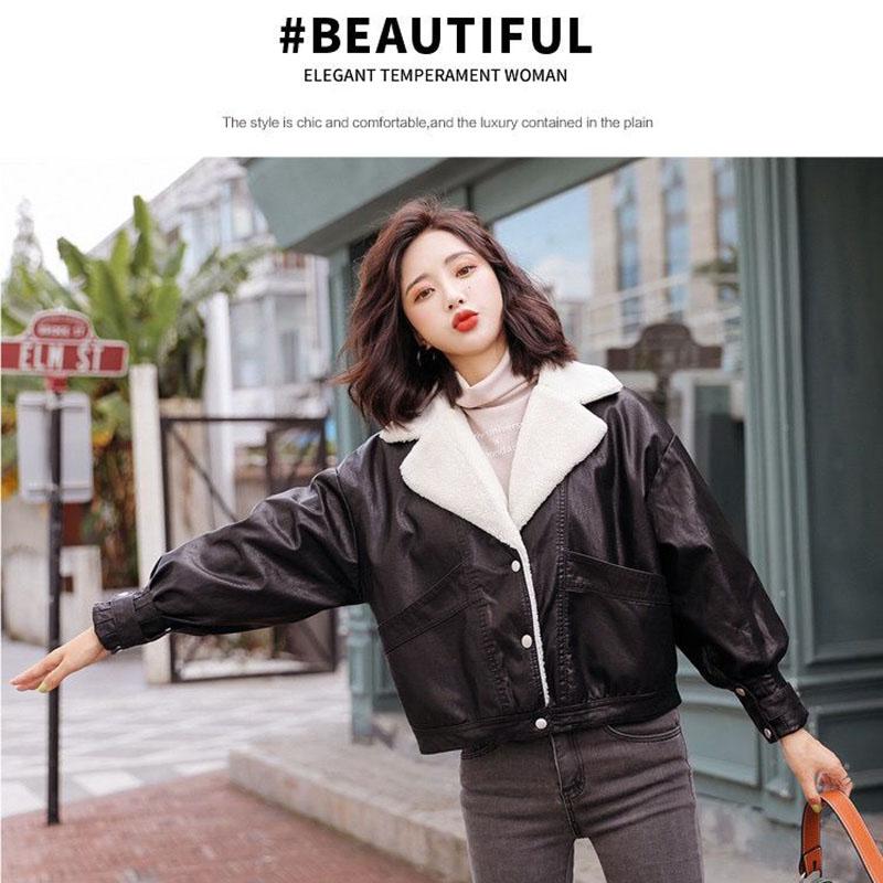 Women's Leather Winter Clothing Korean Style Short Loose Leather Jacket Lamb Hair Plus Velvet Thick Motorcycle Leather Jacket