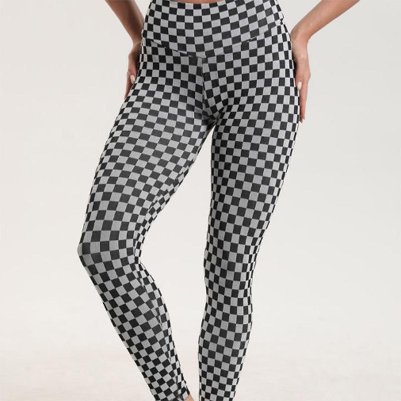 Spring and Autumn Peach Buttocks Checkerboard Plaid Fitness Pants Women's High Waist Hip Lift Tight Running Sports Yoga Pants